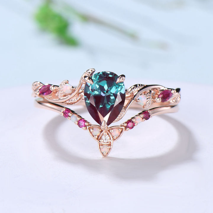 Vintage Pear Shaped Alexandrite Engagement Ring Set Nature Inspired Opal Ruby Wedding Ring Set Unique Celtic Norse Viking Bridal Ring Set - PENFINE