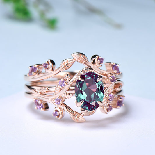 Nature Inspired alexandrite wedding ring set cluster amethyst color changing twig vine engagement ring  vintage unique leaf ring set for her - PENFINE