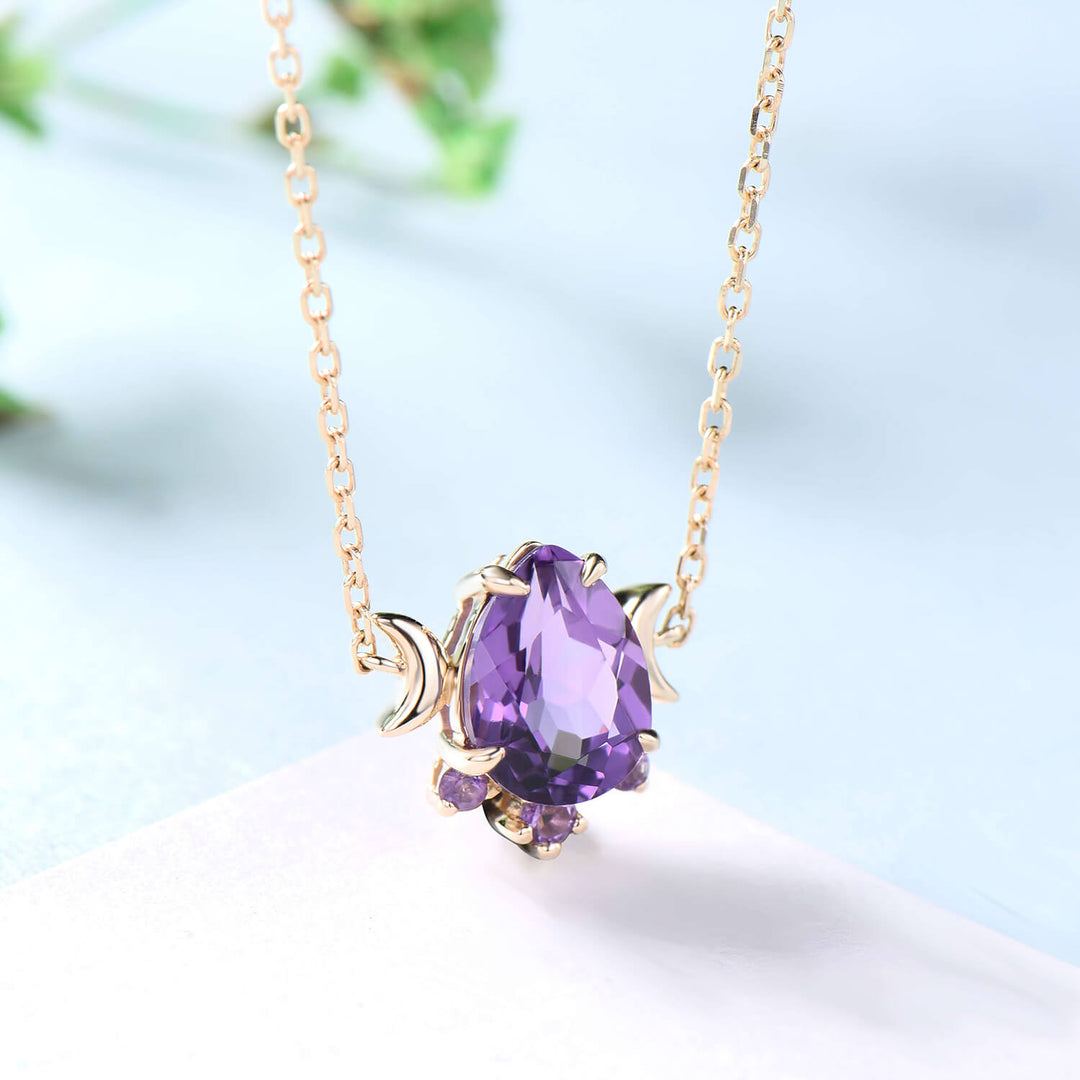 Dainty Pear Shaped Amethyst Pendant necklace Unique Crescent moon purple amethyst necklace for women celestial anniversary gift for her - PENFINE