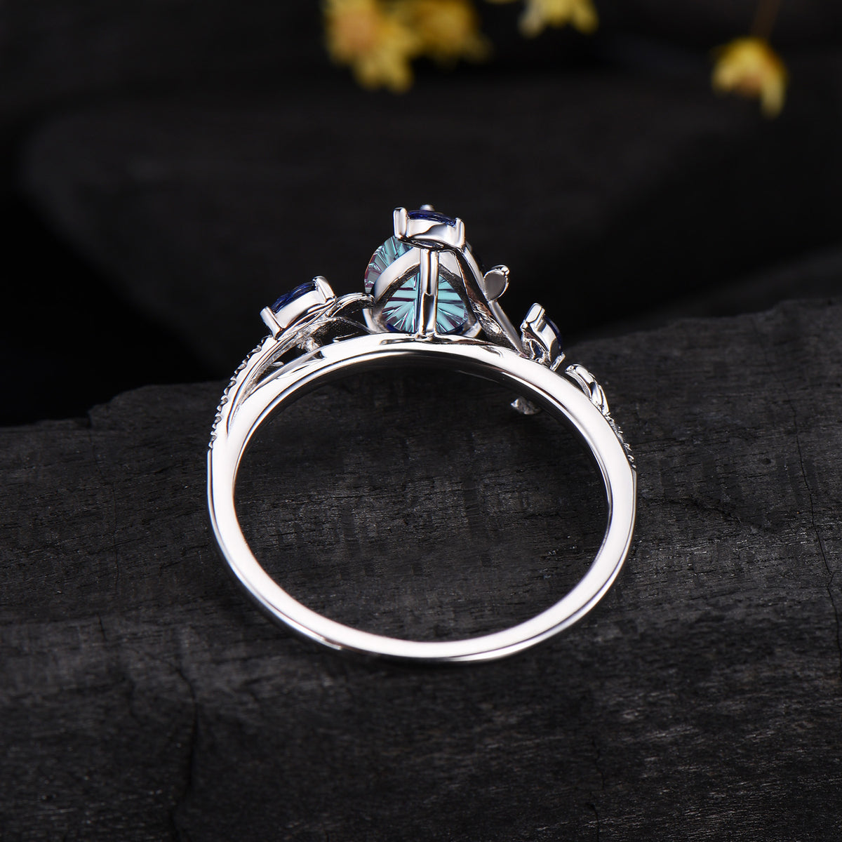 Fantasy Cut Color-change Alexandrite Nature Inspired Engagement Ring Sapphire Diamond Accent Ring