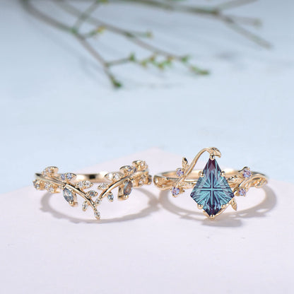 Willow Kite Cut Starburst Alexandrite Engagement Ring Set | Leaf Vine Nature Inspired Bridal Set