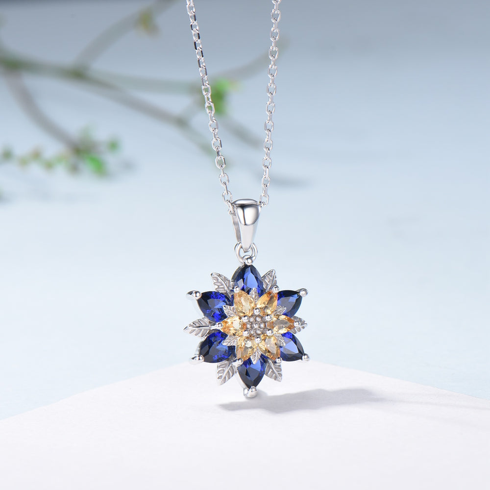 Unique Sunflower Citrine Necklace Elegant Natural Inspired Blue Sapphire Necklace Double Halo Floral Pendant Leaf Vine Anniversary Gift - PENFINE