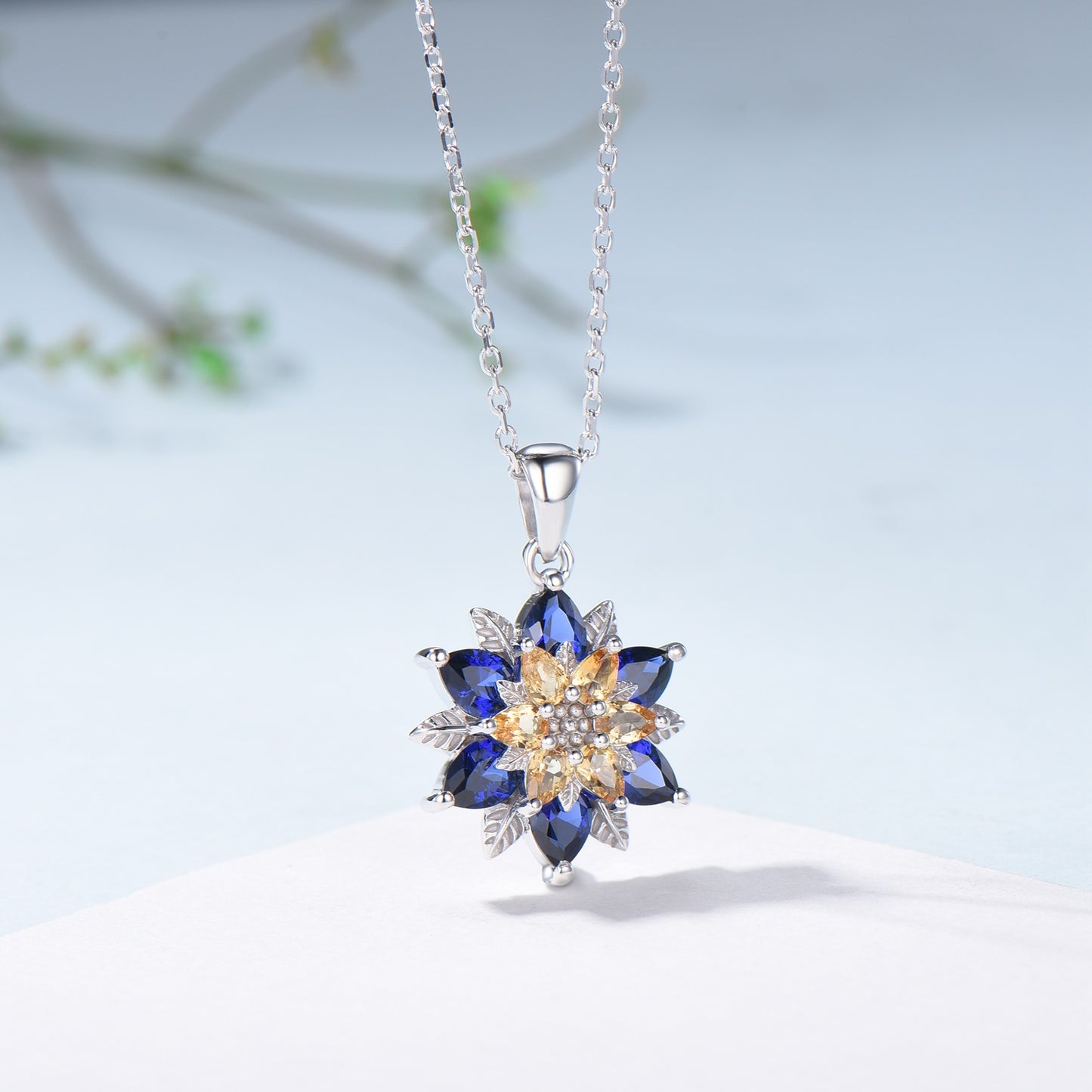 Unique Sunflower Citrine Necklace Elegant Natural Inspired Blue Sapphire Necklace Double Halo Floral Pendant Leaf Vine Anniversary Gift - PENFINE