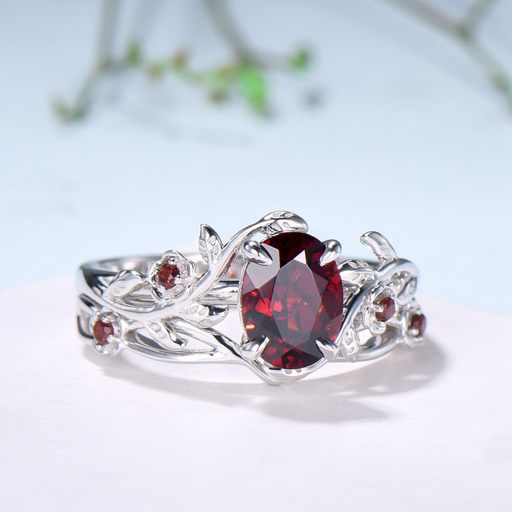 Unique flower leaves garnet ring set cluster branch nature inspired garnet engagement ring women cute January birthstone wedding ring set - PENFINE