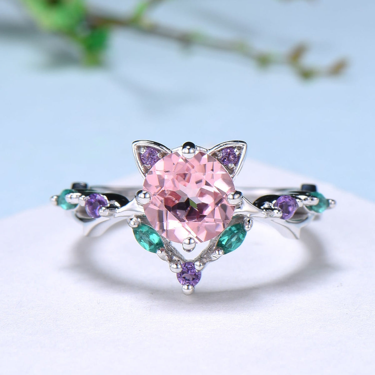 Unique Cat Ring Black Gold Padparadscha sapphire Engagement Ring Black Gold Animal Inspired Amethyst Emerald Band Pink Anniversary Ring Her