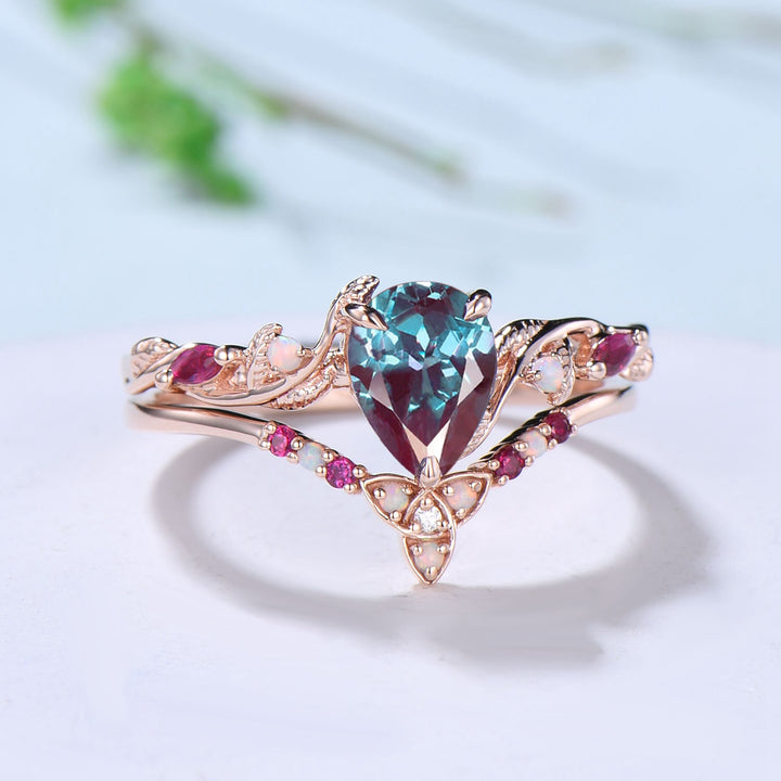 Vintage Pear Shaped Alexandrite Engagement Ring Set Nature Inspired Opal Ruby Wedding Ring Set Unique Celtic Norse Viking Bridal Ring Set - PENFINE