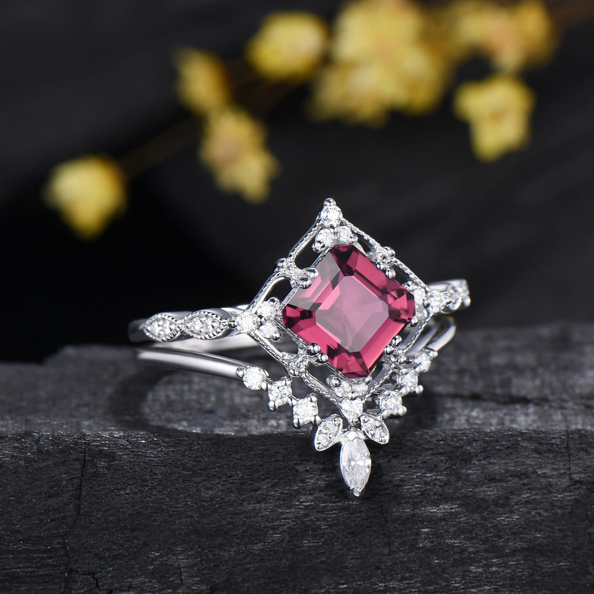 Art Deco 2CT Asscher Cut Natural Pink Tourmaline Ring Set Moissanite Curved Band