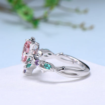 Unique Cat Ring Black Gold Padparadscha sapphire Engagement Ring Black Gold Animal Inspired Amethyst Emerald Band Pink Anniversary Ring Her