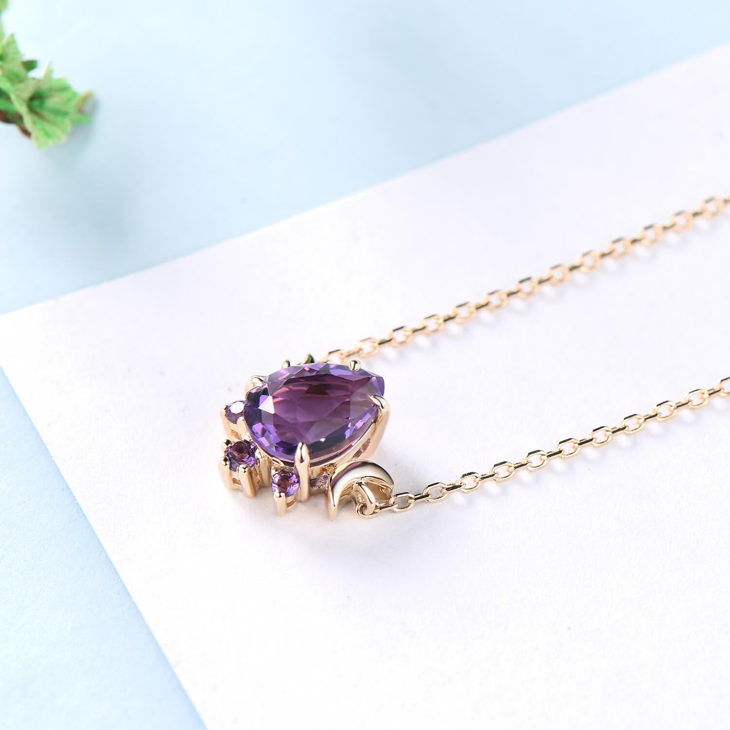 Dainty Pear Shaped Amethyst Pendant necklace Unique Crescent moon purple amethyst necklace for women celestial anniversary gift for her - PENFINE