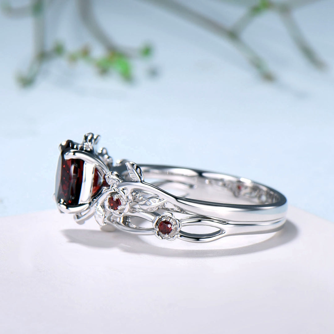 Unique flower leaves garnet ring set cluster branch nature inspired garnet engagement ring women cute January birthstone wedding ring set - PENFINE