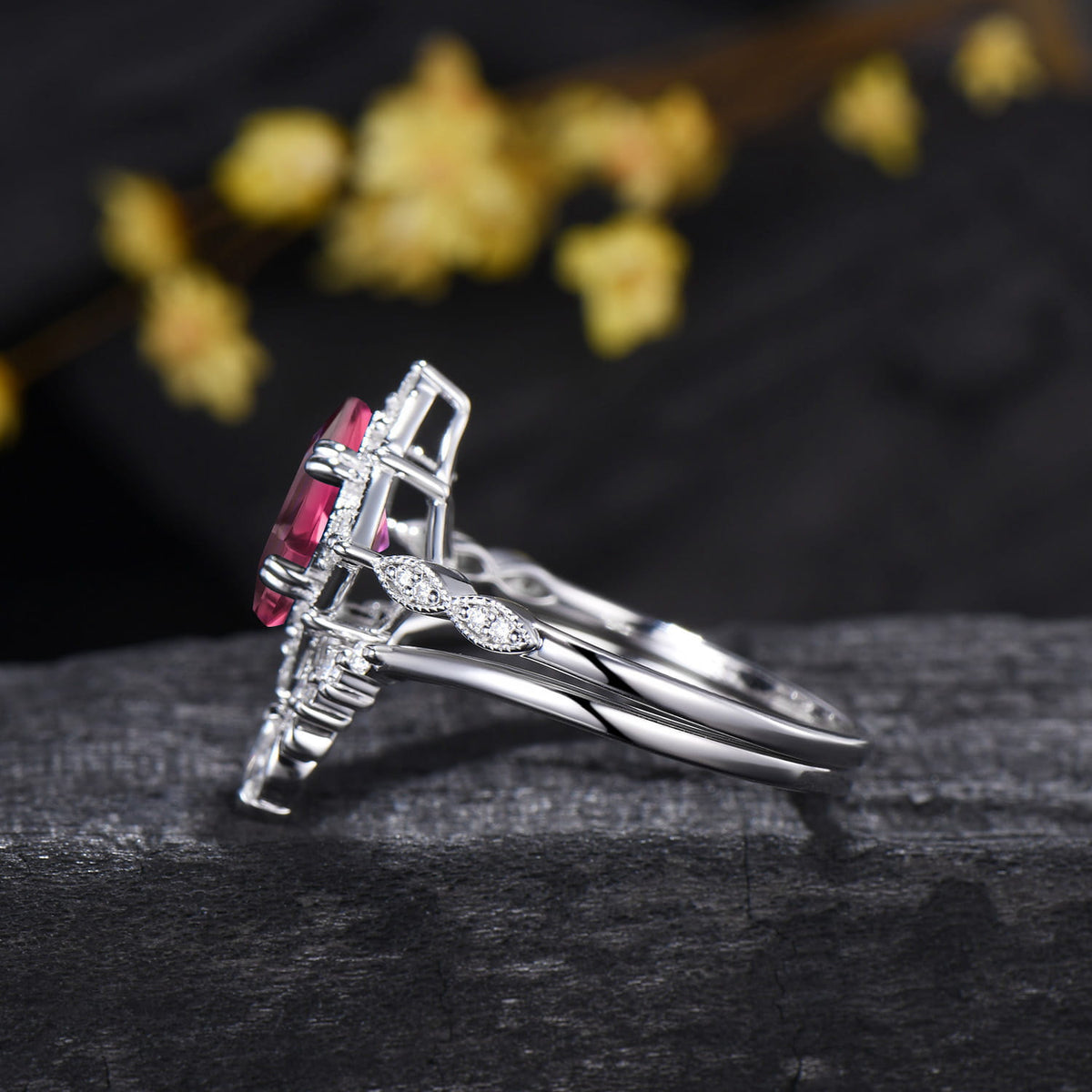 Art Deco 2CT Asscher Cut Natural Pink Tourmaline Ring Set Moissanite Curved Band