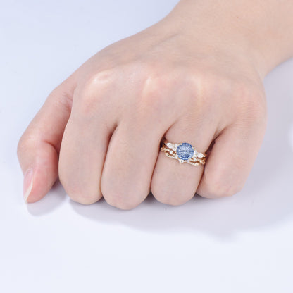 Round Fantasy Cut Cornflower Blue Sapphire 7 Stone Wedding Ring Set Moissanite Twisted Matching Band