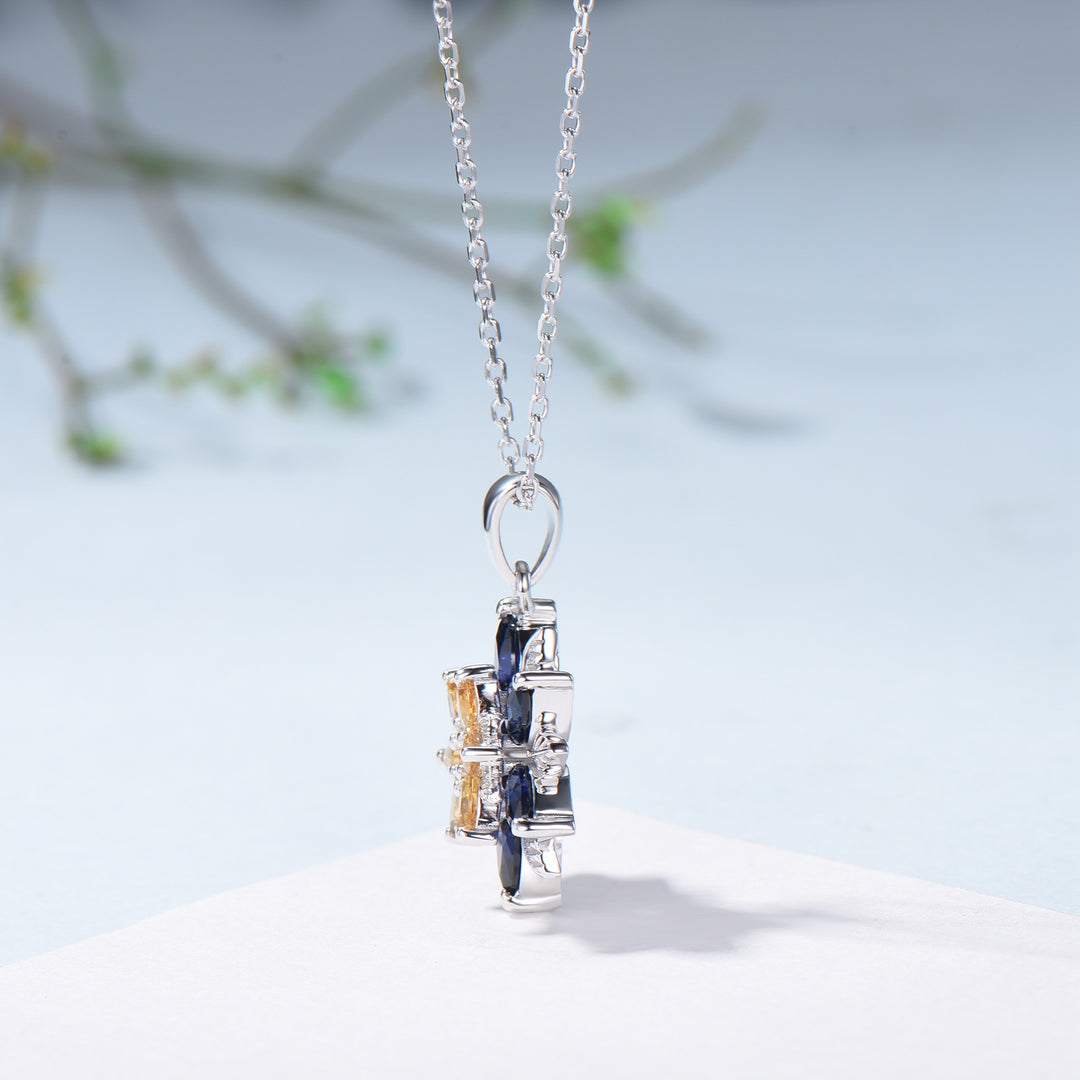 Unique Sunflower Citrine Necklace Elegant Natural Inspired Blue Sapphire Necklace Double Halo Floral Pendant Leaf Vine Anniversary Gift - PENFINE