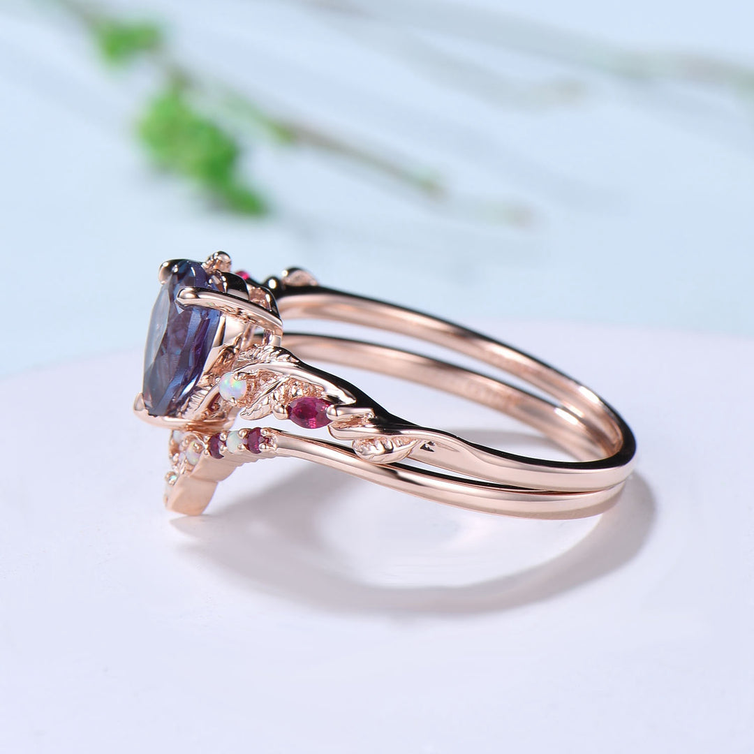 Vintage Pear Shaped Alexandrite Engagement Ring Set Nature Inspired Opal Ruby Wedding Ring Set Unique Celtic Norse Viking Bridal Ring Set - PENFINE