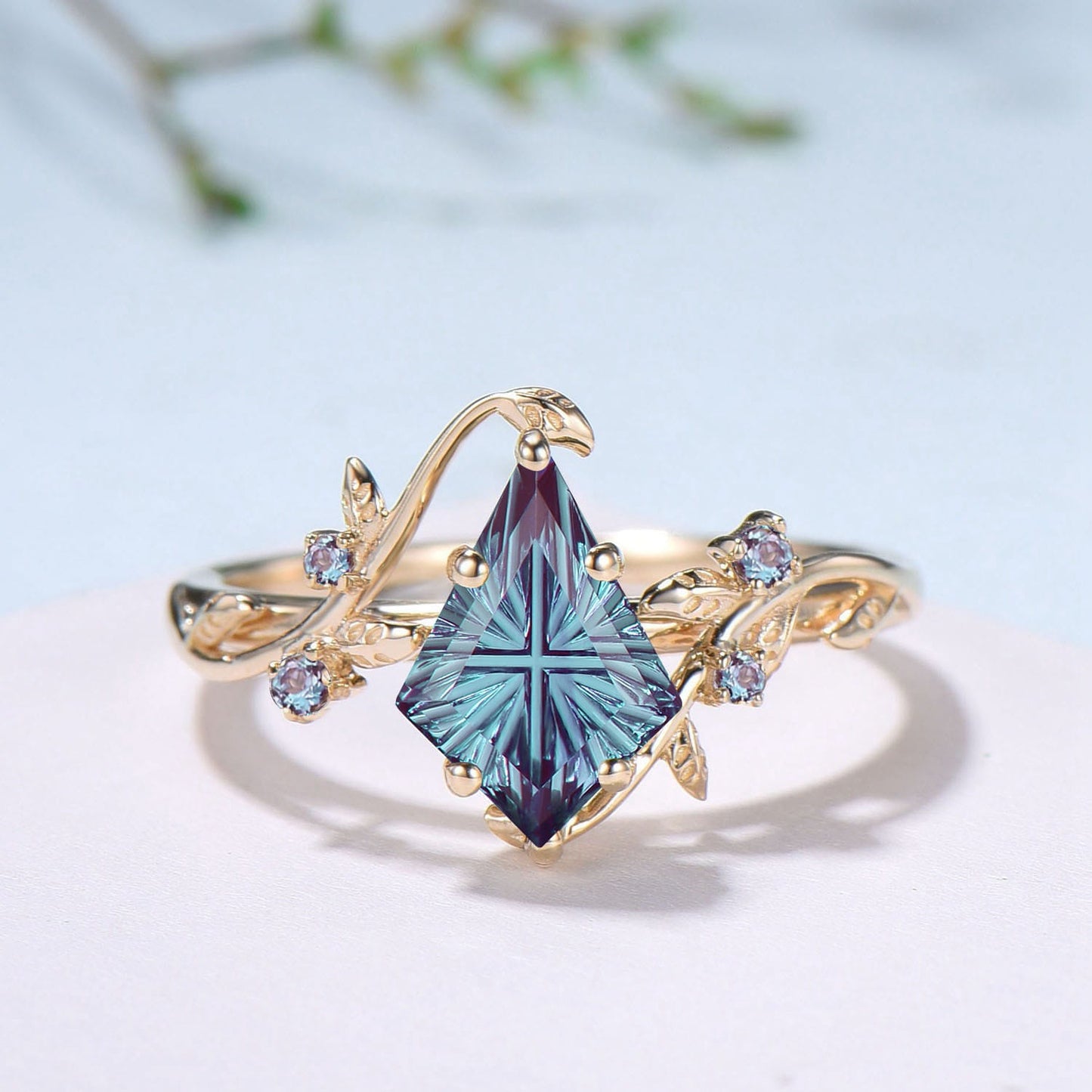 Willow Kite Cut Starburst Alexandrite Engagement Ring Set | Leaf Vine Nature Inspired Bridal Set