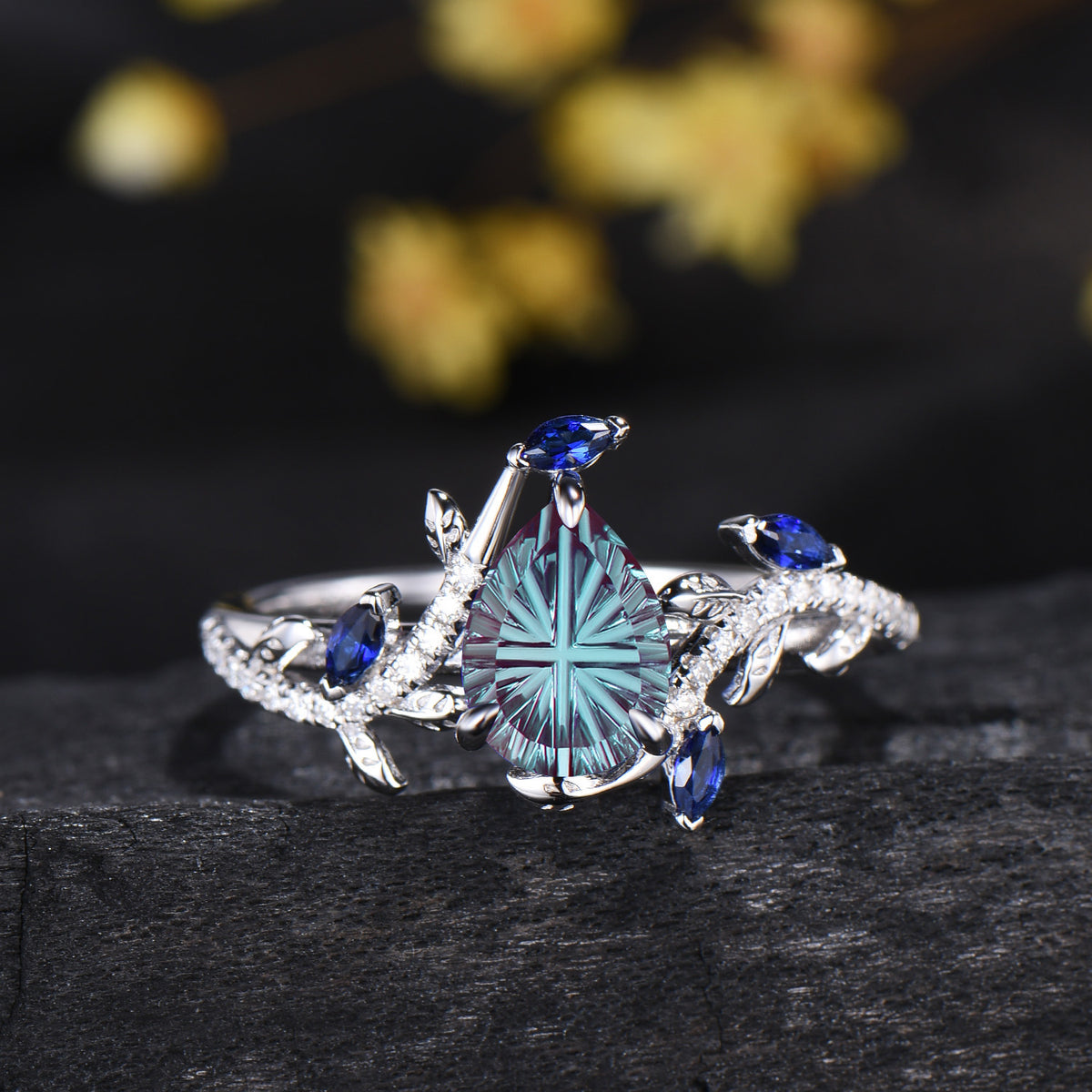 Fantasy Cut Color-change Alexandrite Nature Inspired Engagement Ring Sapphire Diamond Accent Ring