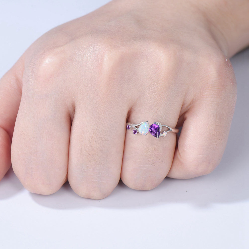 Toi et Moi Opal Amethyst Engagement Ring | Nature Inspired Vine Band - PENFINE