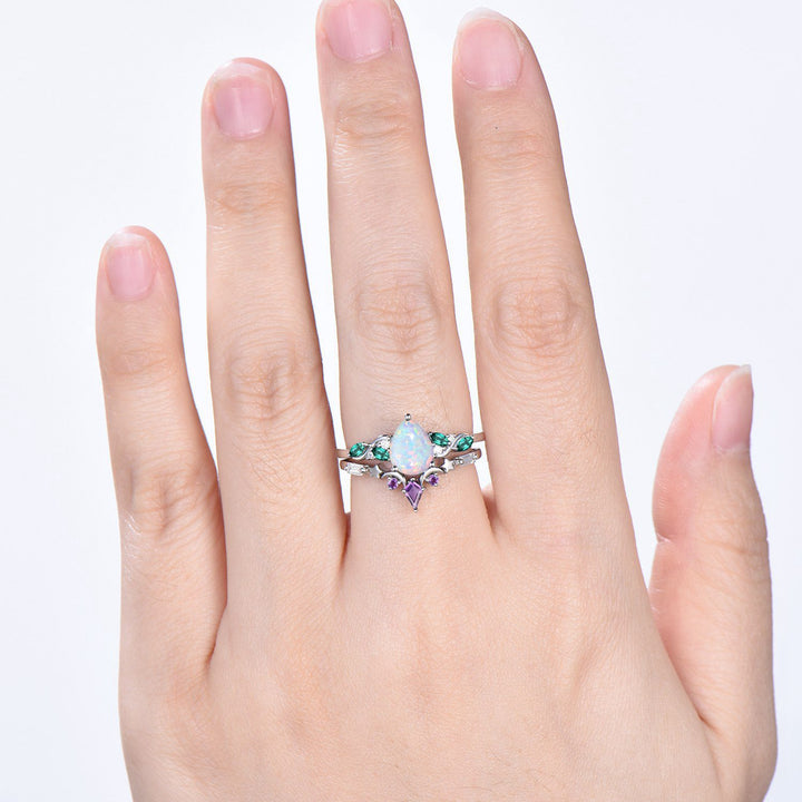 Opal and Emerald Wedding Ring Set, Pear Shaped Opal Ring, 14K White Gold Boho Engagement Ring, Unique Gift - PENFINE