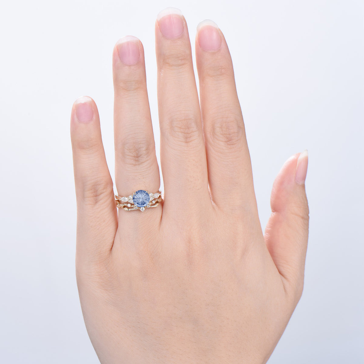 Round Fantasy Cut Cornflower Blue Sapphire 7 Stone Wedding Ring Set Moissanite Twisted Matching Band