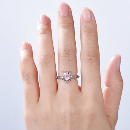 Unique Cat Ring Black Gold Padparadscha sapphire Engagement Ring Black Gold Animal Inspired Amethyst Emerald Band Pink Anniversary Ring Her
