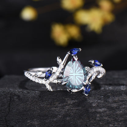 Fantasy Cut Color-change Alexandrite Nature Inspired Engagement Ring Sapphire Diamond Accent Ring