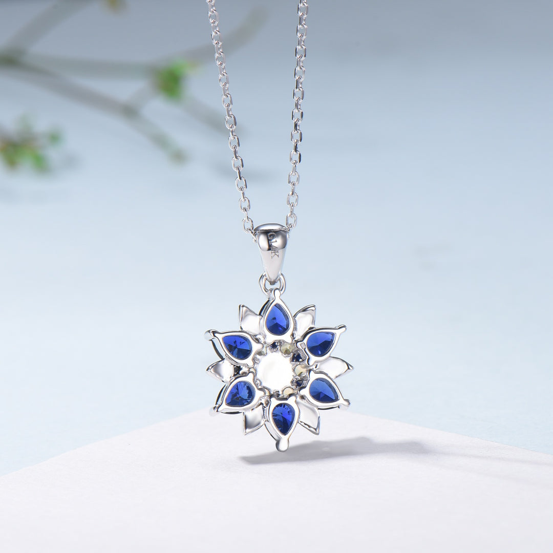 Unique Sunflower Citrine Necklace Elegant Natural Inspired Blue Sapphire Necklace Double Halo Floral Pendant Leaf Vine Anniversary Gift - PENFINE