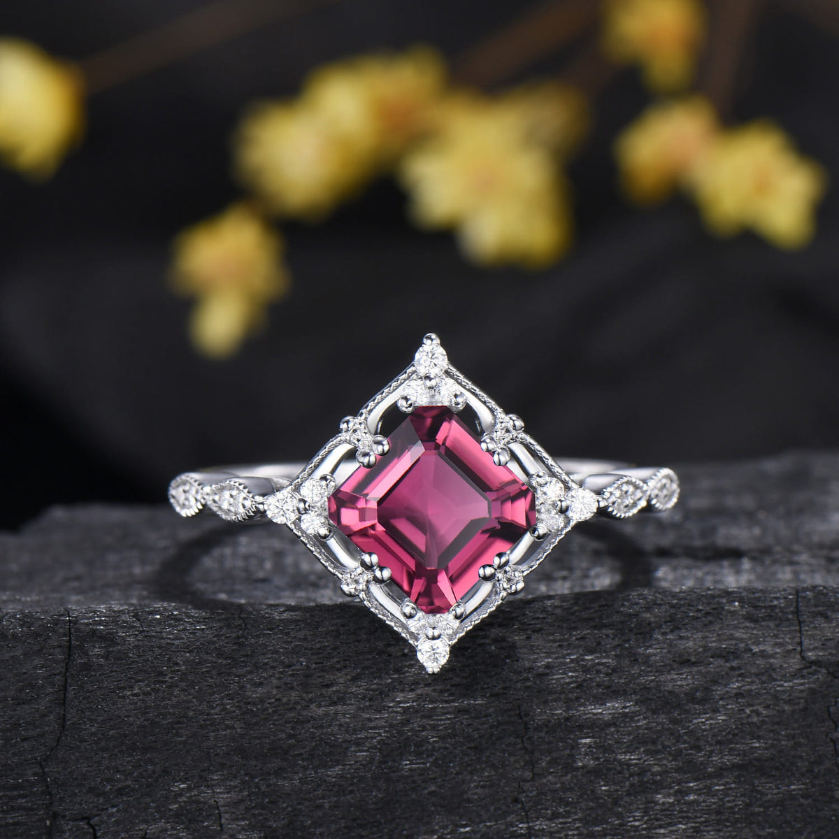 Art Deco 2CT Asscher Cut Natural Pink Tourmaline Ring Set Moissanite Curved Band