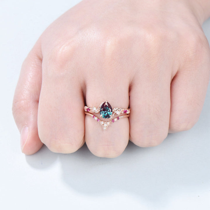 Vintage Pear Shaped Alexandrite Engagement Ring Set Nature Inspired Opal Ruby Wedding Ring Set Unique Celtic Norse Viking Bridal Ring Set - PENFINE
