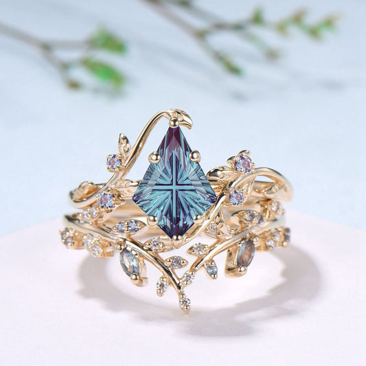 Willow Kite Cut Starburst Alexandrite Engagement Ring Set | Leaf Vine Nature Inspired Bridal Set