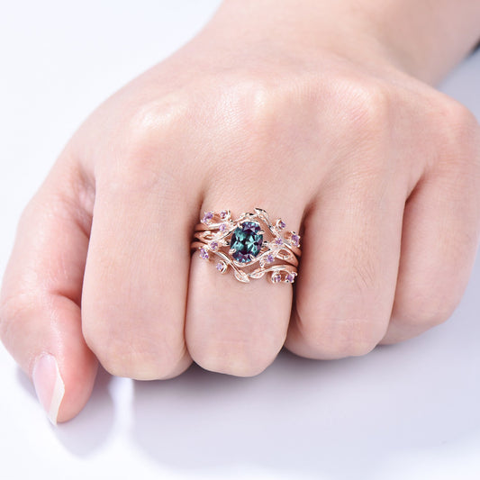Nature Inspired alexandrite wedding ring set cluster amethyst color changing twig vine engagement ring vintage unique leaf ring set for her - PENFINE