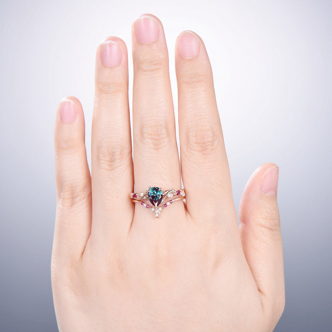 Vintage Pear Shaped Alexandrite Engagement Ring Set Nature Inspired Opal Ruby Wedding Ring Set Unique Celtic Norse Viking Bridal Ring Set - PENFINE
