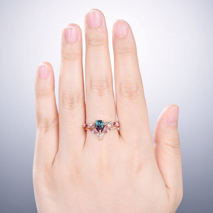 Vintage Pear Shaped Alexandrite Engagement Ring Set Nature Inspired Opal Ruby Wedding Ring Set Unique Celtic Norse Viking Bridal Ring Set - PENFINE