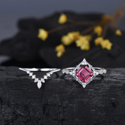 Art Deco 2CT Asscher Cut Natural Pink Tourmaline Ring Set Moissanite Curved Band