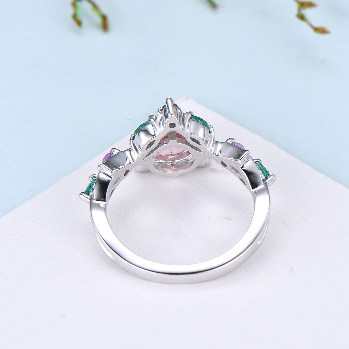 Unique Cat Ring Black Gold Padparadscha sapphire Engagement Ring Black Gold Animal Inspired Amethyst Emerald Band Pink Anniversary Ring Her
