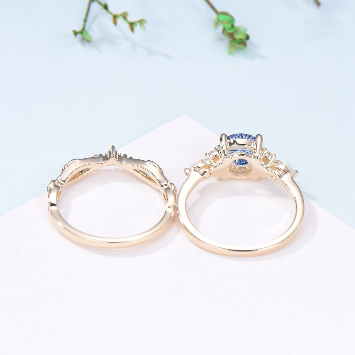 Round Fantasy Cut Cornflower Blue Sapphire 7 Stone Wedding Ring Set Moissanite Twisted Matching Band