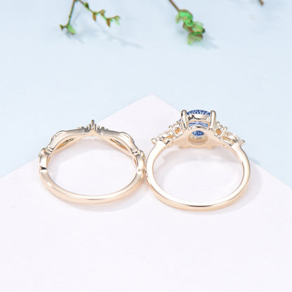 Round Fantasy Cut Cornflower Blue Sapphire 7 Stone Wedding Ring Set Moissanite Twisted Matching Band