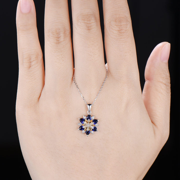 Unique Sunflower Citrine Necklace Elegant Natural Inspired Blue Sapphire Necklace Double Halo Floral Pendant Leaf Vine Anniversary Gift - PENFINE