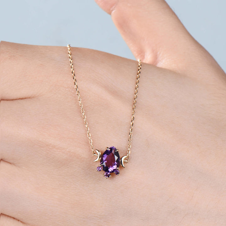 Dainty Pear Shaped Amethyst Pendant necklace Unique Crescent moon purple amethyst necklace for women celestial anniversary gift for her - PENFINE