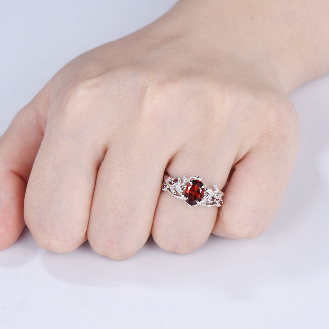 Unique flower leaves garnet ring set cluster branch nature inspired garnet engagement ring women cute January birthstone wedding ring set - PENFINE