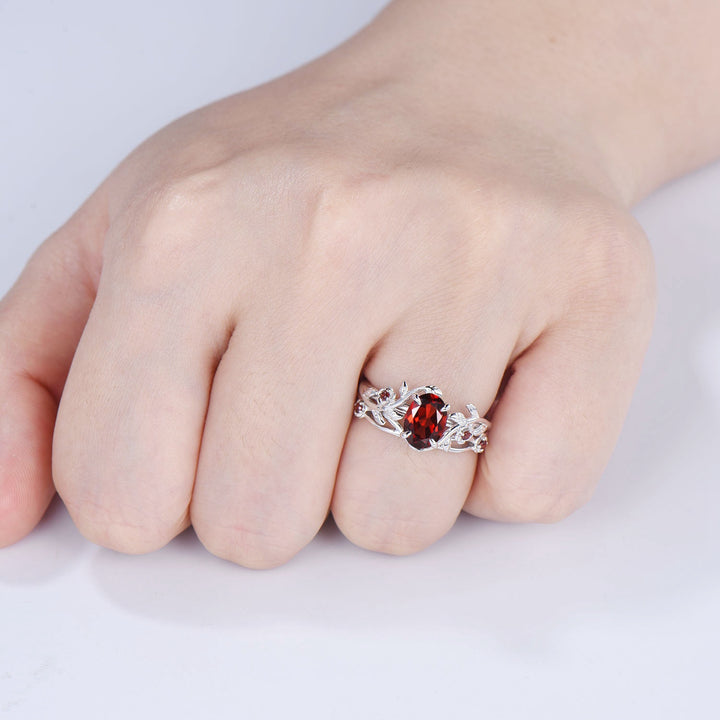 Unique flower leaves garnet ring set cluster branch nature inspired garnet engagement ring women cute January birthstone wedding ring set - PENFINE