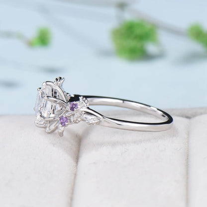 Elegant Moonstone Ring Vintage Unique Twig Engagement Ring Leaf Cluster Amethyst Wedding Women Rainbow Blue Nature inspired Branch Ring - PENFINE