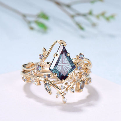 Willow Kite Cut Starburst Alexandrite Engagement Ring Set | Leaf Vine Nature Inspired Bridal Set