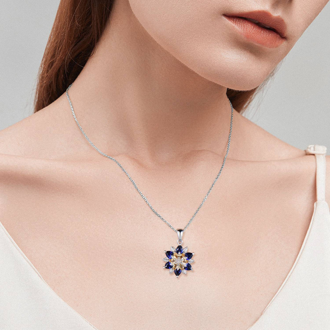 Unique Sunflower Citrine Necklace Elegant Natural Inspired Blue Sapphire Necklace Double Halo Floral Pendant Leaf Vine Anniversary Gift - PENFINE