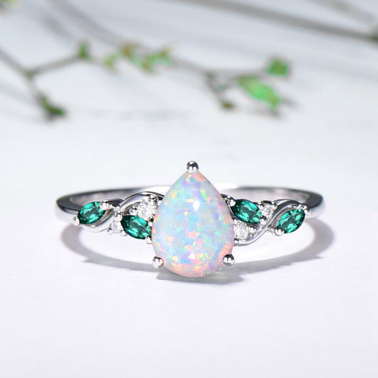 Opal and Emerald Wedding Ring Set, Pear Shaped Opal Ring, 14K White Gold Boho Engagement Ring, Unique Gift - PENFINE
