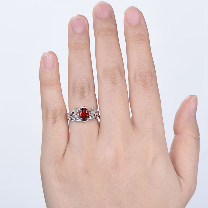 Unique flower leaves garnet ring set cluster branch nature inspired garnet engagement ring women cute January birthstone wedding ring set - PENFINE
