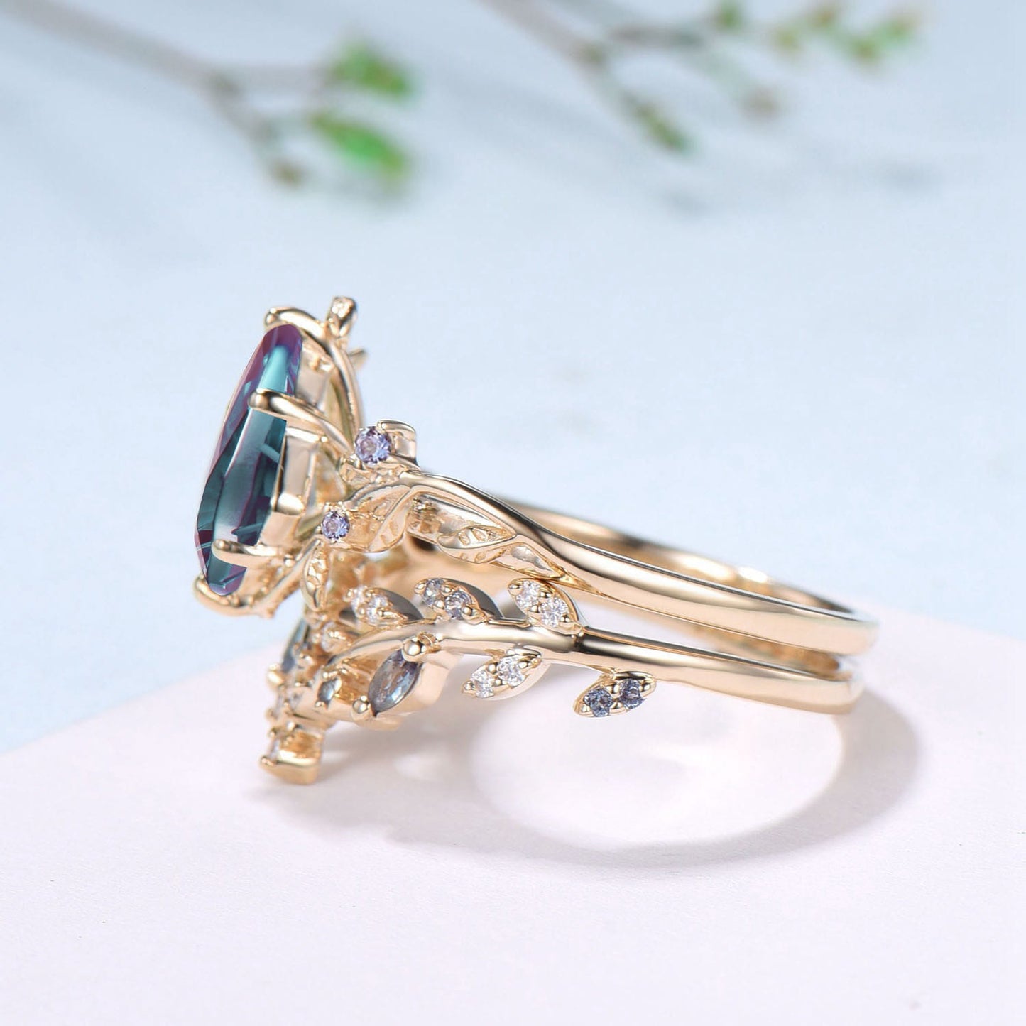 Willow Kite Cut Starburst Alexandrite Engagement Ring Set | Leaf Vine Nature Inspired Bridal Set