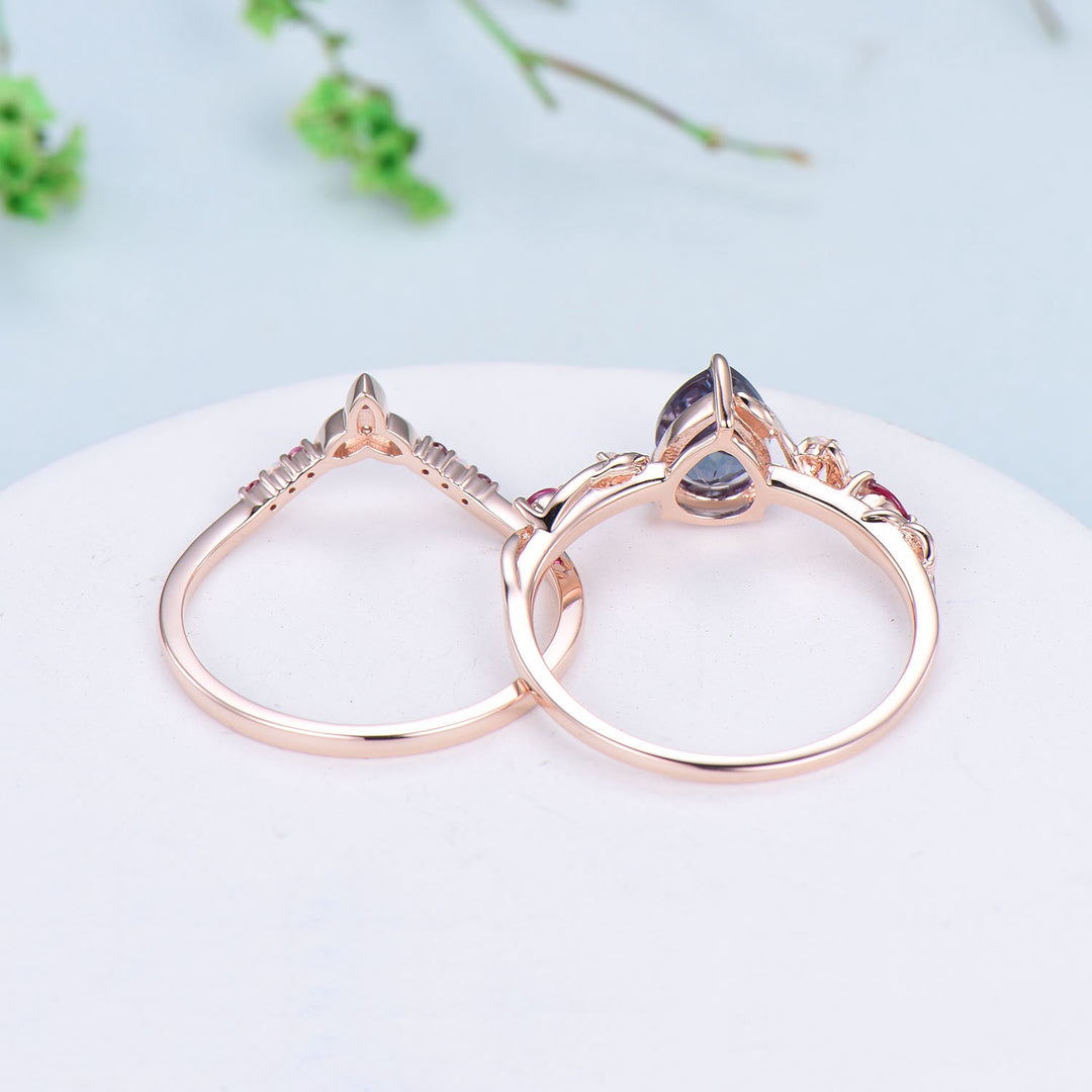 Vintage Pear Shaped Alexandrite Engagement Ring Set Nature Inspired Opal Ruby Wedding Ring Set Unique Celtic Norse Viking Bridal Ring Set - PENFINE