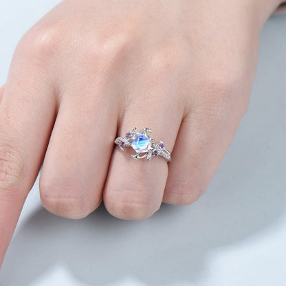 Elegant Moonstone Ring Vintage Unique Twig Engagement Ring Leaf Cluster Amethyst Wedding Women Rainbow Blue Nature inspired Branch Ring - PENFINE