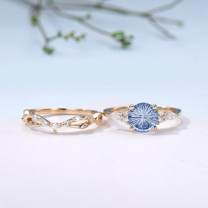 Round Fantasy Cut Cornflower Blue Sapphire 7 Stone Wedding Ring Set Moissanite Twisted Matching Band