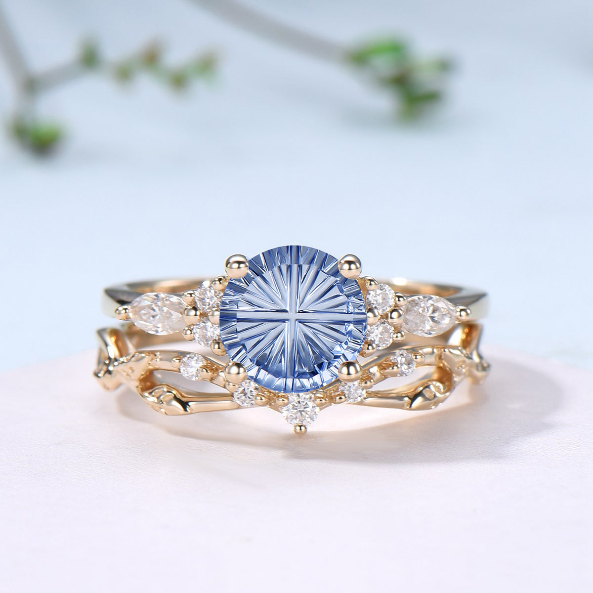 Round Fantasy Cut Cornflower Blue Sapphire 7 Stone Wedding Ring Set Moissanite Twisted Matching Band